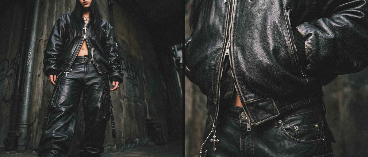 Diptych showing a black zip jacket with wide cargo pants, beside a close-up of the jacket surface, zipper and ribbed cuff.