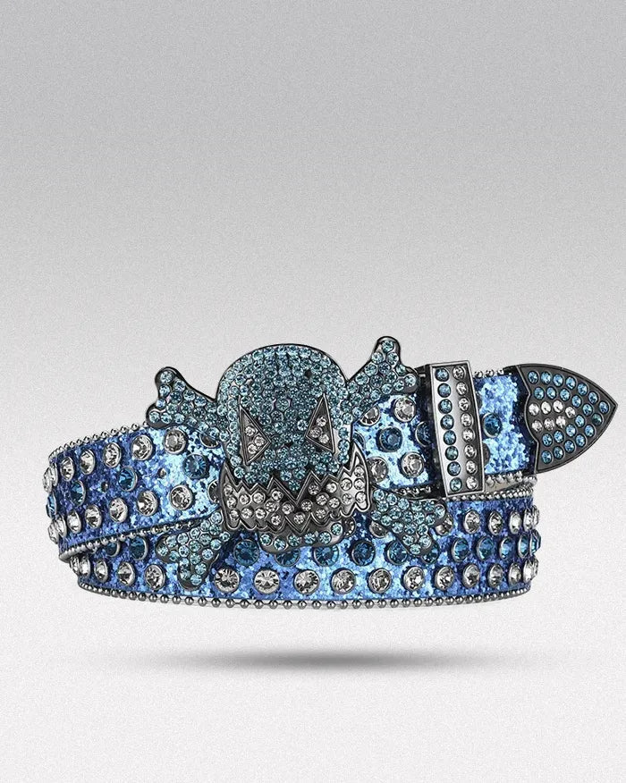 Belt buckle rhinestone ’Skull’ - Blue / Silver / 105cm / 41inches