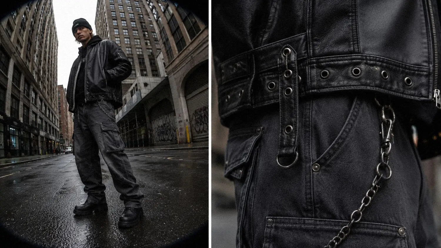 Leather bomber jacket and black cargo pants forming a graphic dark streetwear outfit formula