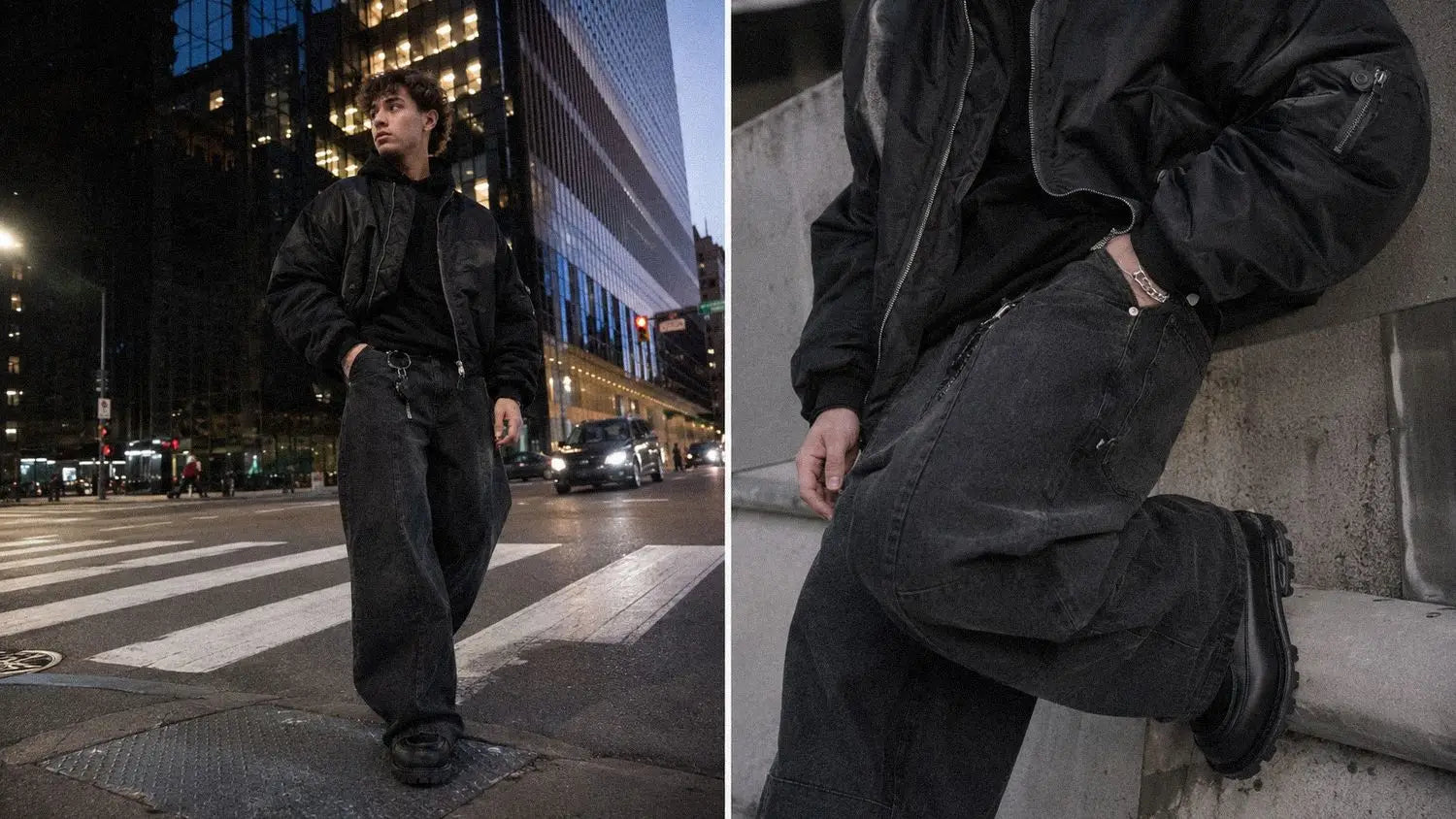 Men's dark streetwear look with a black bomber jacket, hoodie and wide jeans at dusk