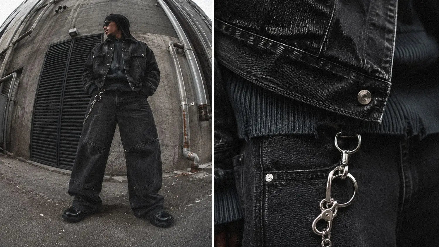 Denim jacket and wide black jeans finished with a silver keychain, a key dark streetwear accessory