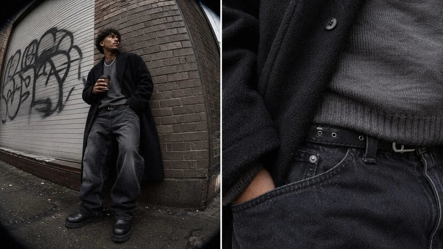 Long black overcoat layered over a grey knit sweater in a dark streetwear layering example