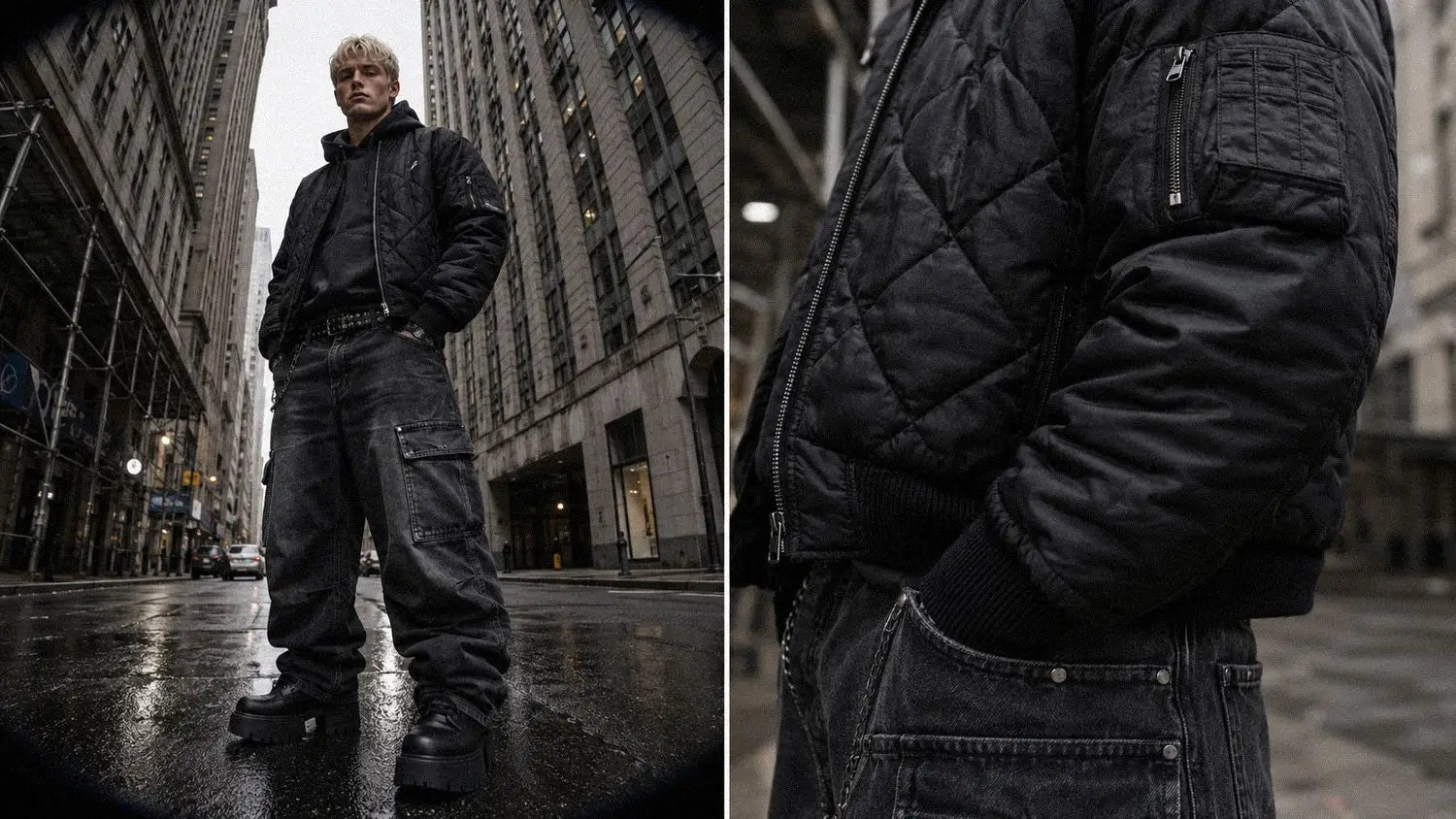 Quilted bomber jacket and wide cargo jeans closing out this dark streetwear styling guide