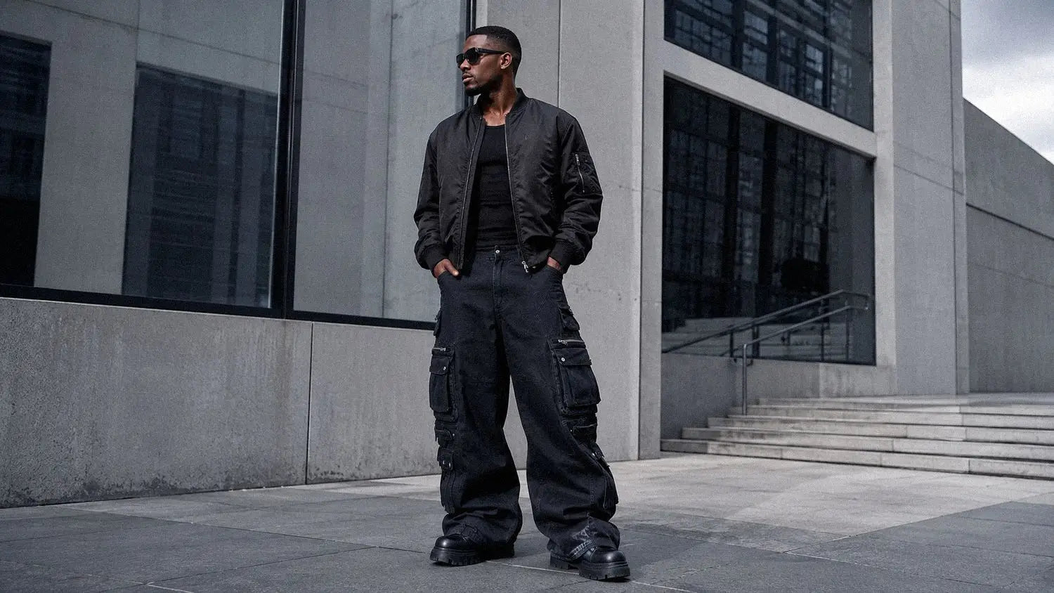Bomber jacket with oversized multi-pocket cargo pants balancing proportion in a dark streetwear fit