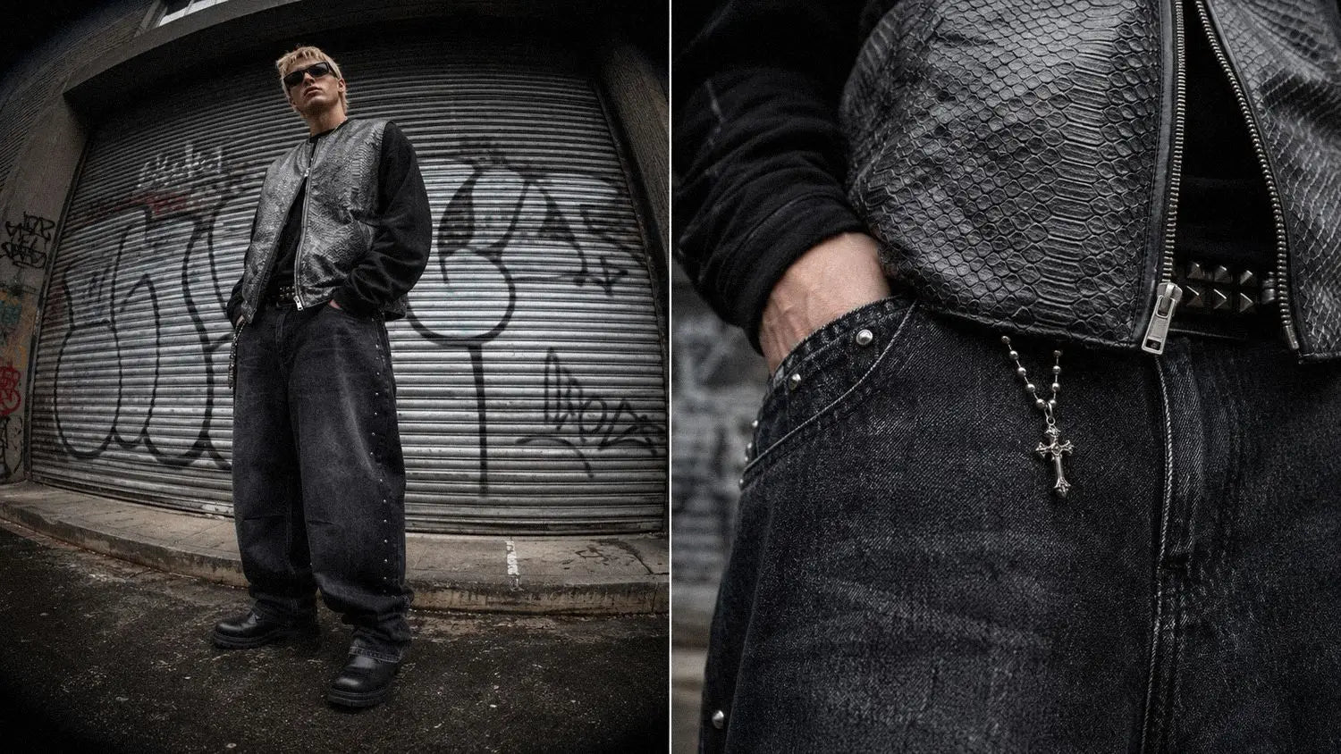 Man in a snake-print leather jacket and wide black jeans styled for a dark streetwear silhouette