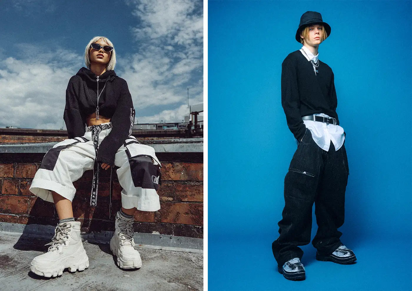 This image highlights a core Y2K fashion staple with a person on a rooftop in a black and white cropped hoodie and oversized cargo pants, contrasted with a man's grunge-inspired Y2K outfit featuring a bucket hat and baggy black denim.