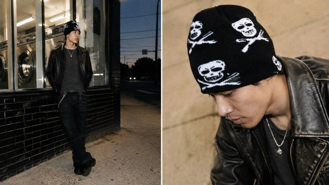 Streetwear beanie with a repeated skull print shown fitted low on the forehead