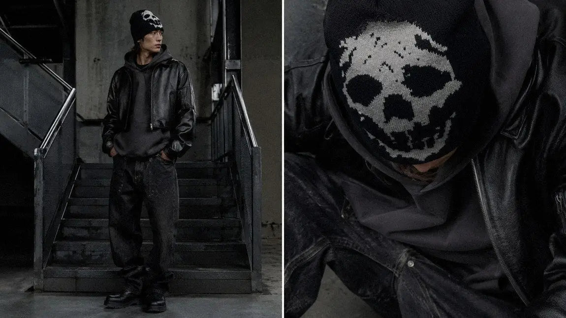 Skull-graphic streetwear beanie worn head to toe in black for an opium-inspired look