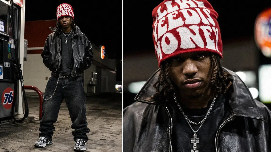 Red streetwear beanie with bold text styled with a black leather jacket and chains