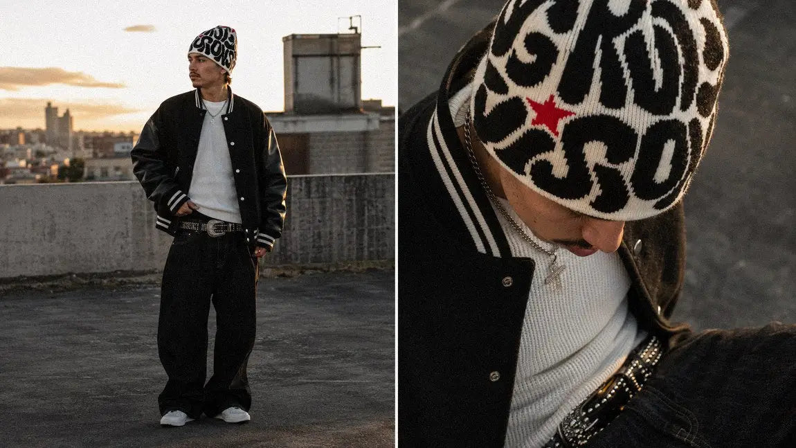 Graphic streetwear beanie with a red star accent paired with a varsity jacket