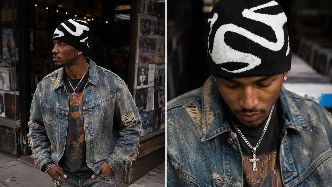 Abstract swirl-print streetwear beanie styled with a distressed denim jacket