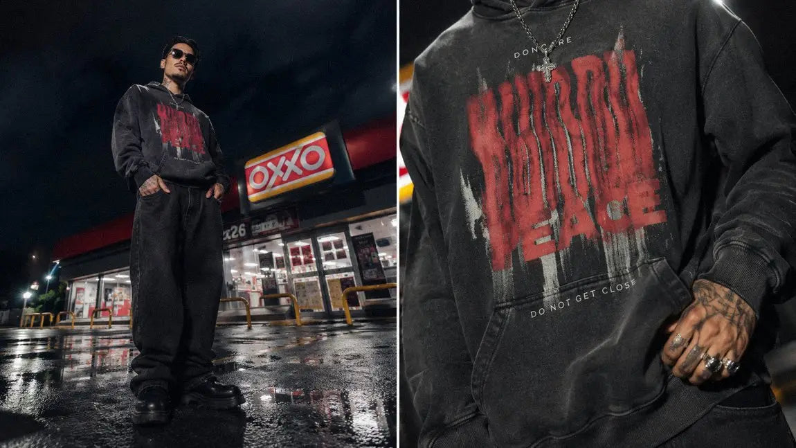 Black streetwear hoodie with a red dripping graphic worn for a moody opium-inspired look