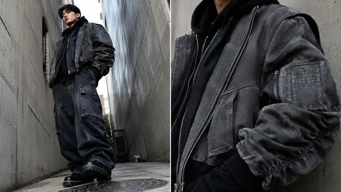 Cropped washed streetwear jacket showing a shorter, structured silhouette over cargo pants
