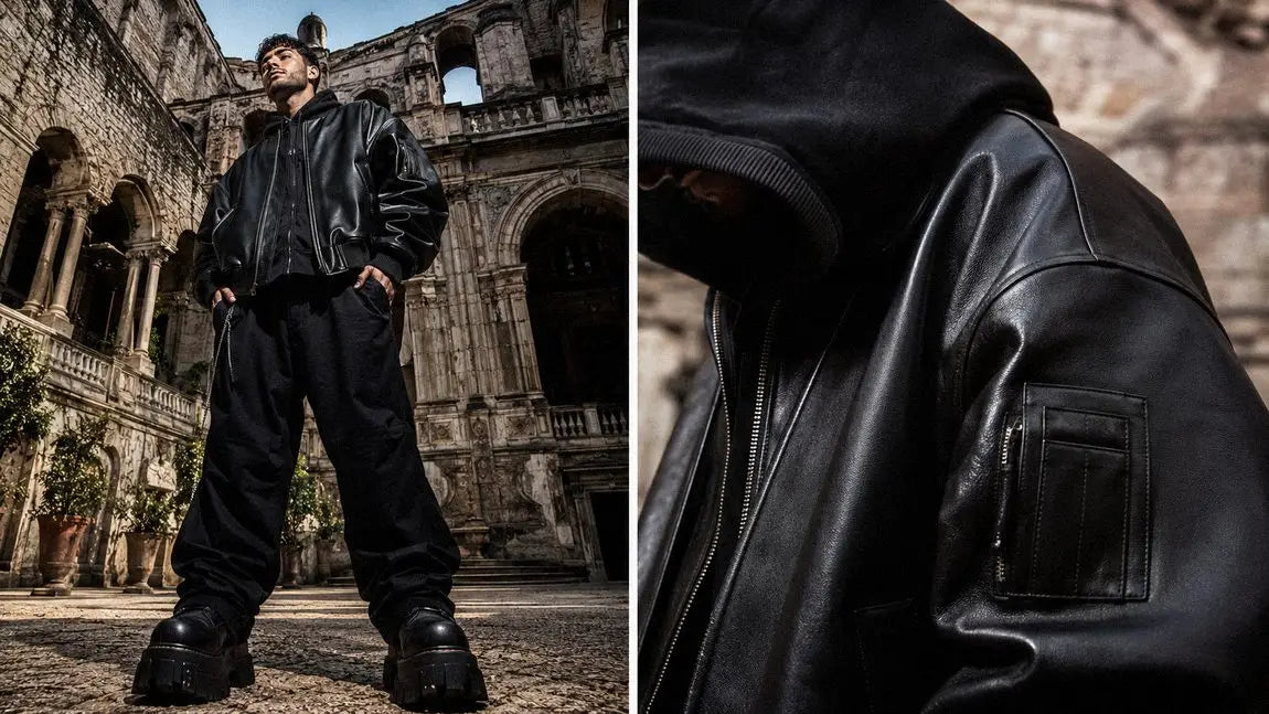 All-black leather streetwear jacket creating a moody opium-inspired silhouette
