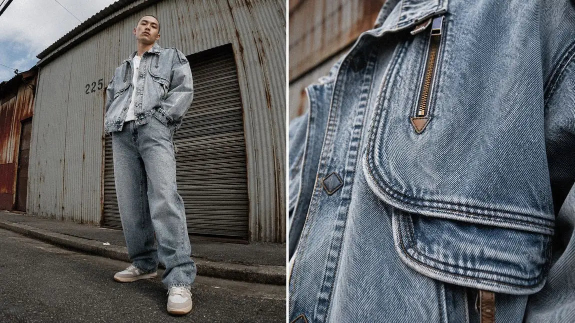 Light-wash denim streetwear jacket with utility pockets matched to wide jeans