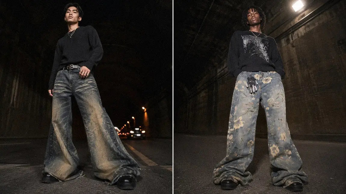 Extremely wide streetwear jeans with a muddy wash showing the full baggy silhouette