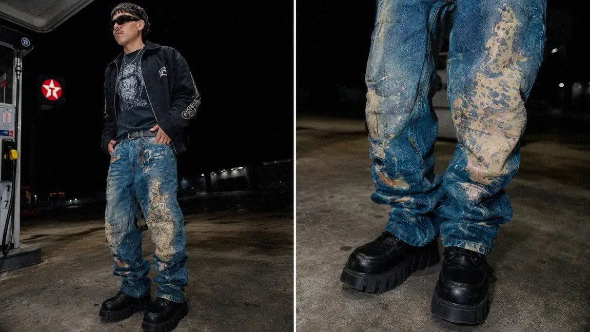 Bleached and distressed streetwear jeans showing how wash changes the finish