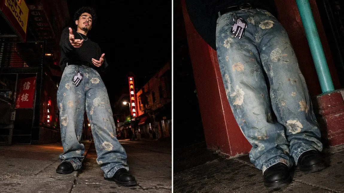 Floral-printed streetwear jeans styled with a plain black top at night