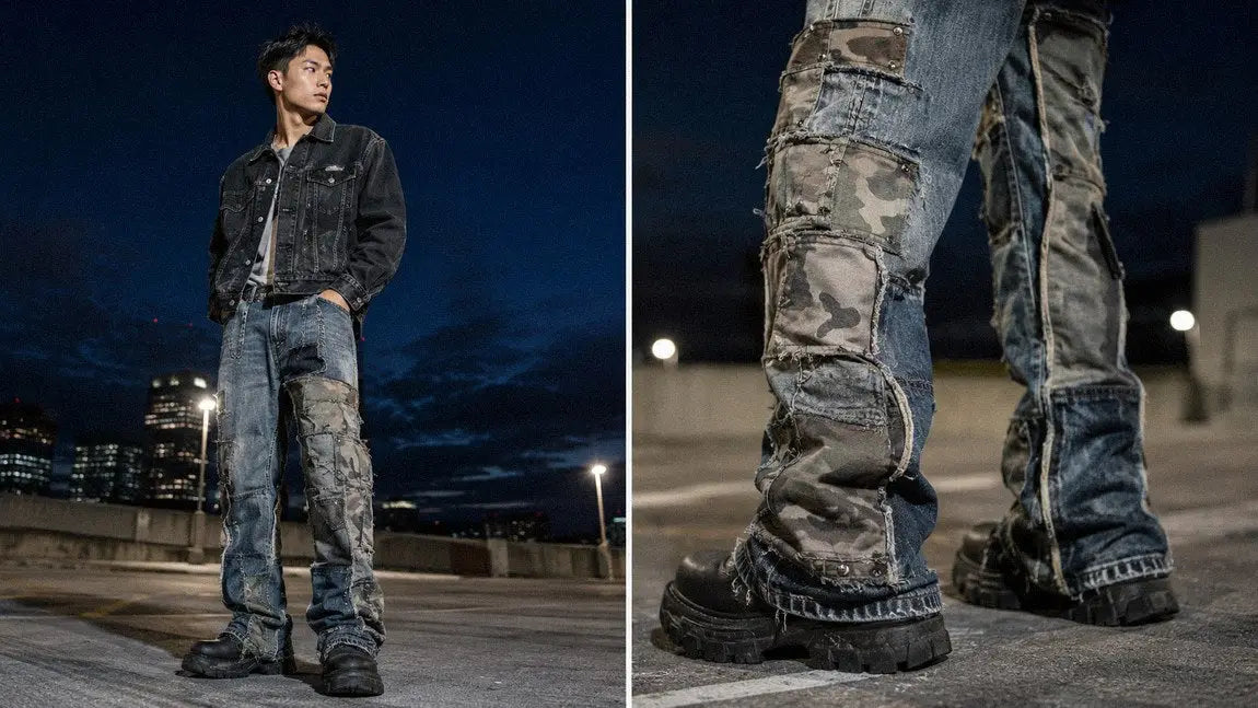 Camo patchwork streetwear jeans styled with a black denim jacket on a rooftop at dusk