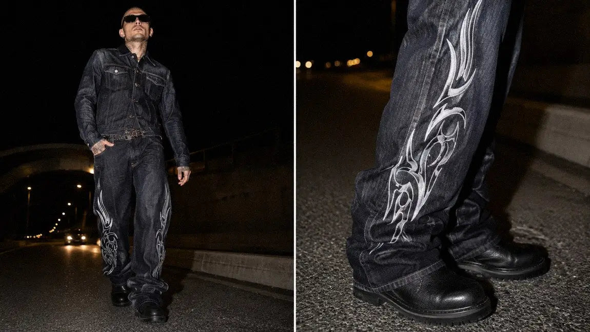 Dark denim-on-denim streetwear jeans with a tribal print styled head to toe