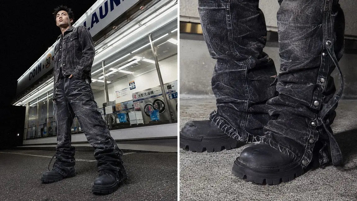 Whiskered black denim-on-denim streetwear jeans finished with snap-detail boots