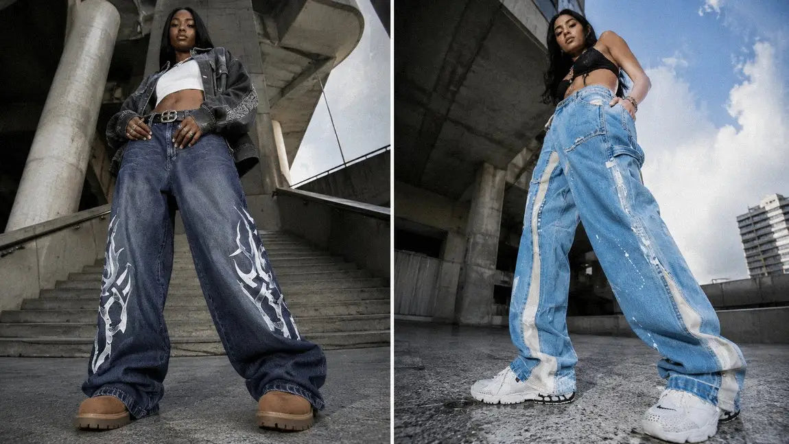 Women's streetwear jeans with a flame print styled with a cropped denim jacket