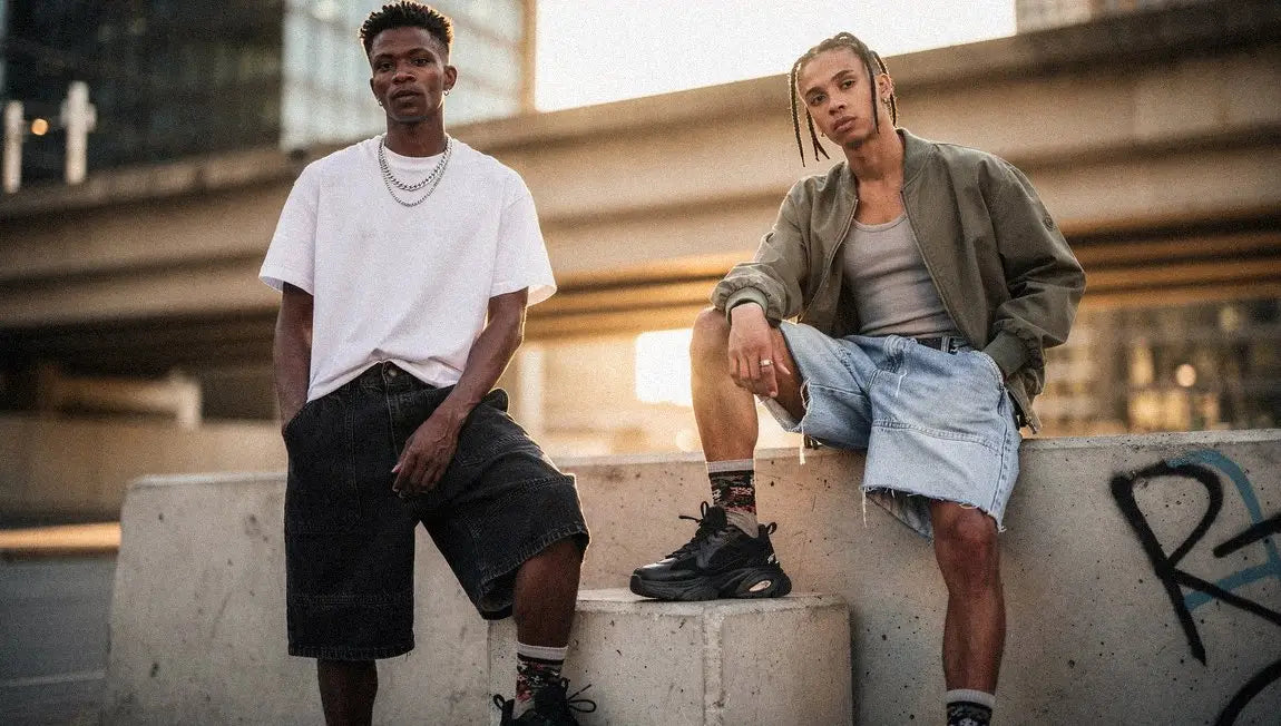 two men in streetwear jorts