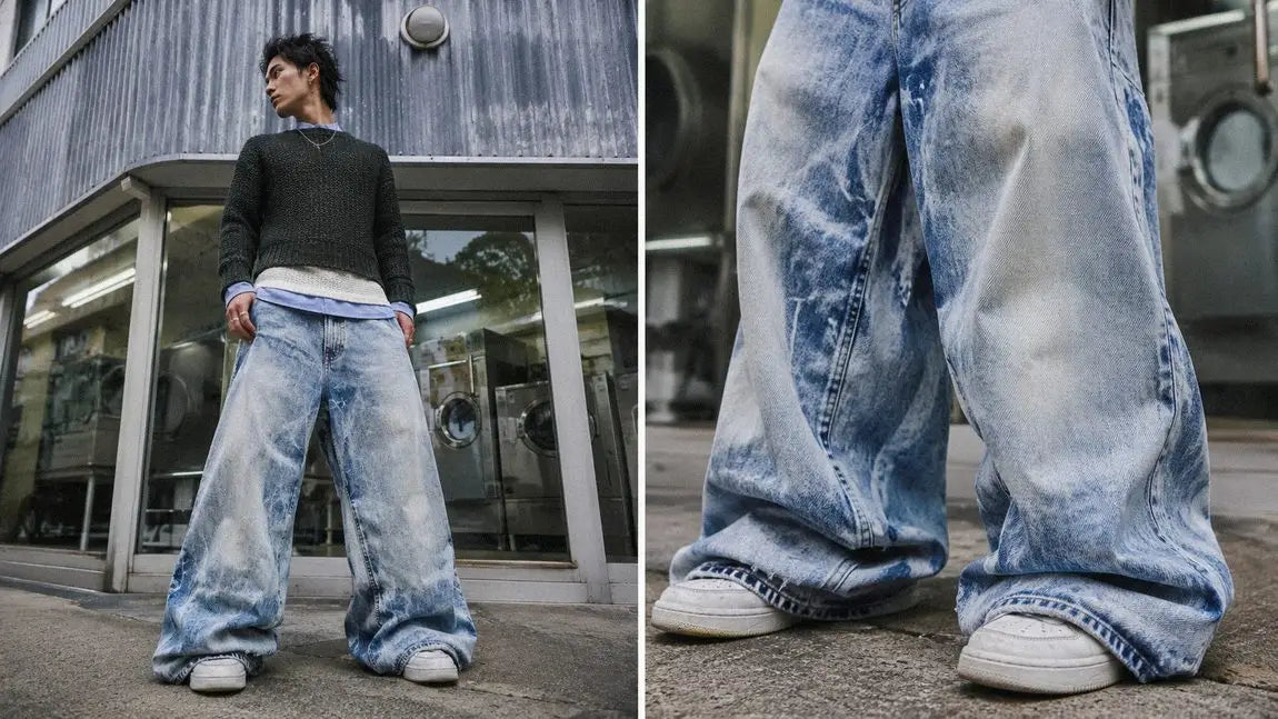 Acid-washed wide-leg streetwear pants worn outside a laundromat for a different texture