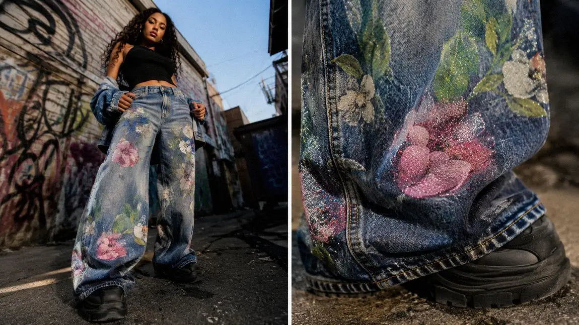 Floral glitter-printed streetwear pants styled with a cropped black top