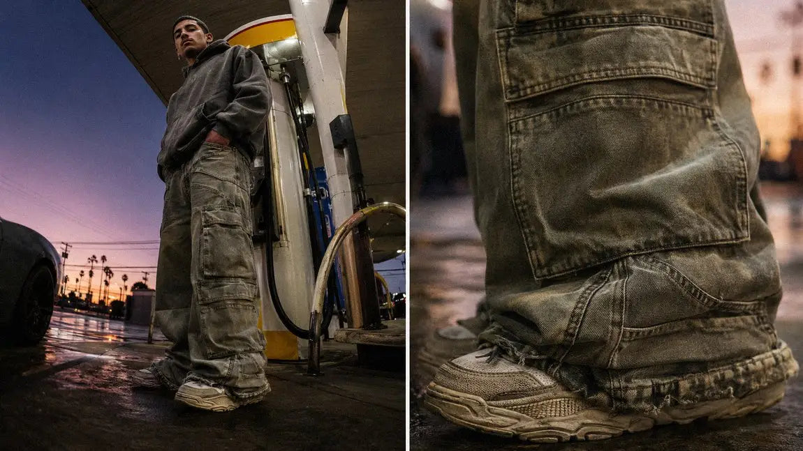 Olive utility cargo streetwear pants worn at a gas station during golden hour