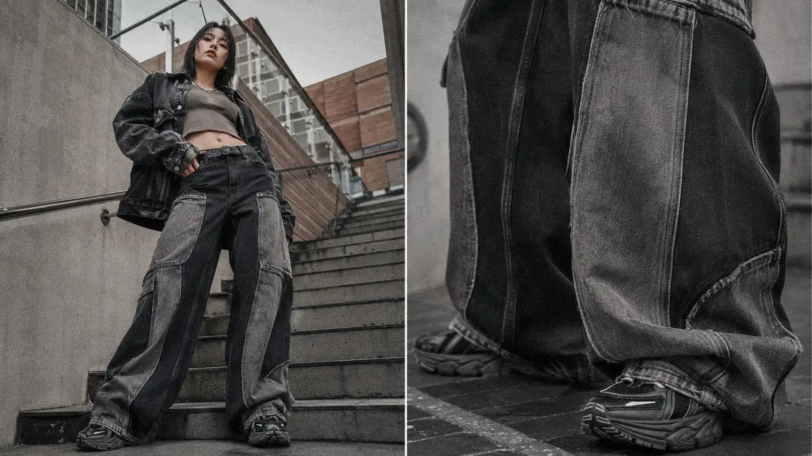Two-tone patchwork streetwear pants showing their wide drape on an outdoor staircase