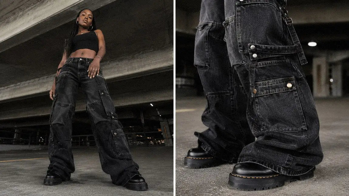 Black denim cargo streetwear pants with buckle straps styled with combat boots