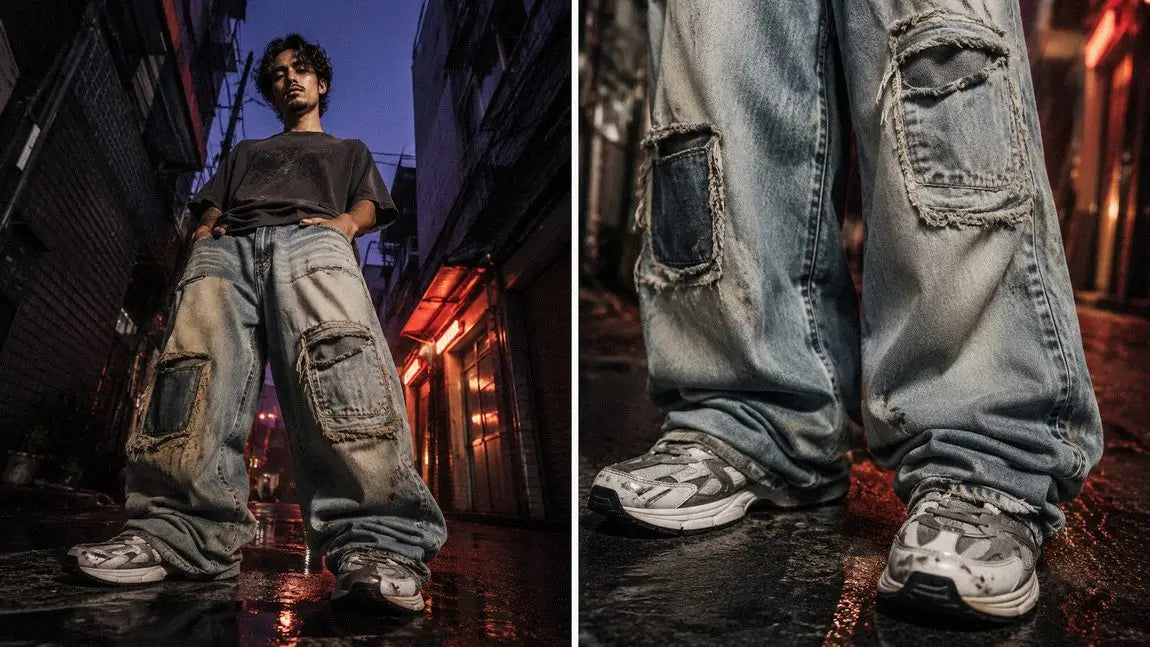 Distressed patchwork streetwear pants styled with a plain tee in a neon-lit alley