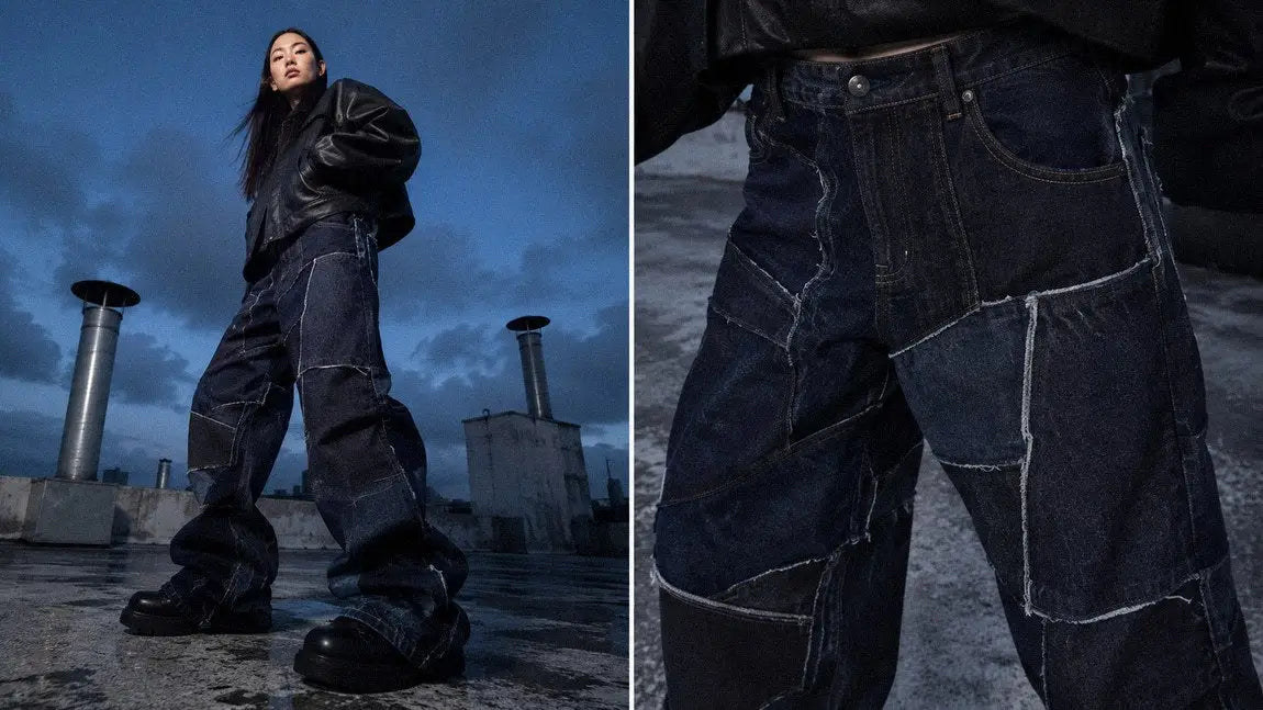 Dark patchwork denim streetwear pants styled with a cropped leather jacket at dusk