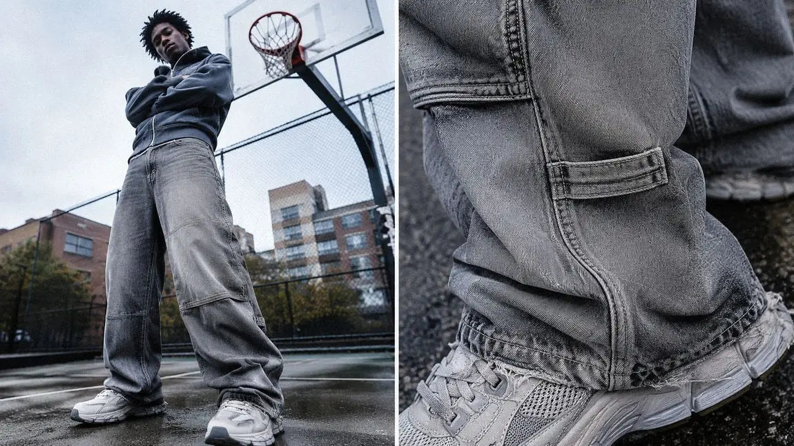 Wide grey streetwear pants with cargo pockets shown courtside on a basketball court