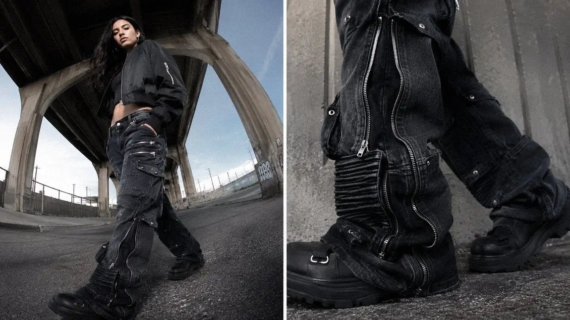 Women's black cargo streetwear pants with zip details styled with a cropped bomber jacket