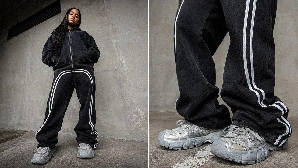 Women's streetwear sweatpants with a side stripe styled with a black zip hoodie