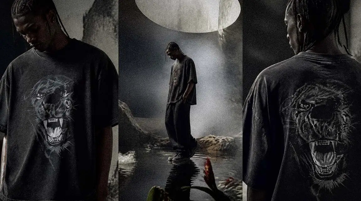 Three cinematic views showcase a washed black Streetwear t-shirt printed with a fierce panther.