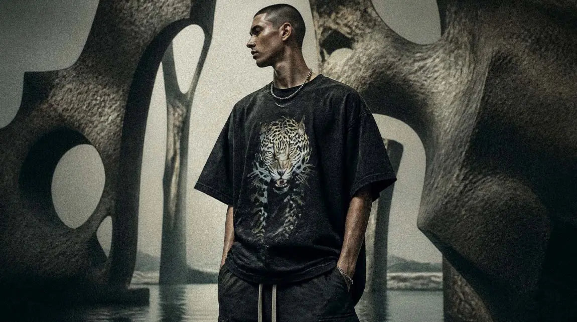 An oversized Streetwear t-shirt with a leopard graphic is styled in a surreal architectural landscape.