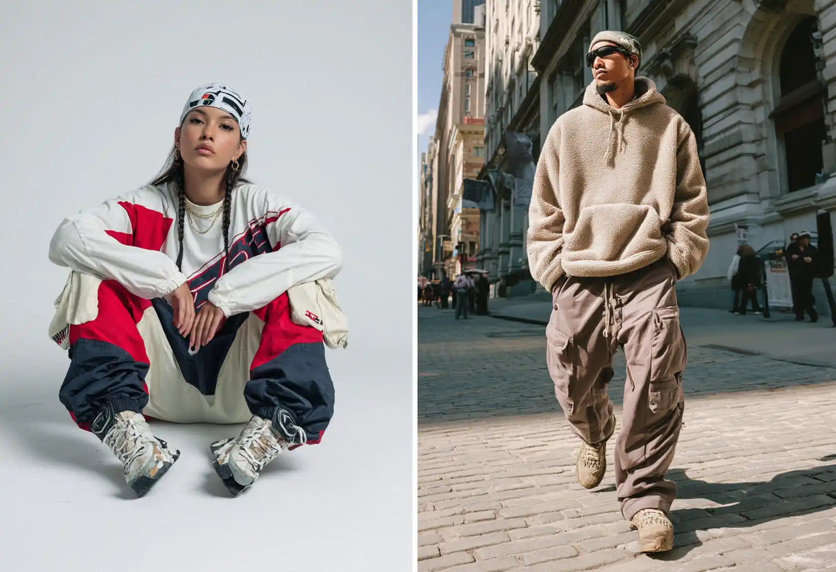 Left: A person sitting, wearing a white, red, and blue tracksuit with a bandana, creating a distinctive y2k outfit. Right: A man walking on a city street, dressed in a cozy fleece hoodie, baggy cargo pants, and a bandana, embodying a casual y2k outfit.