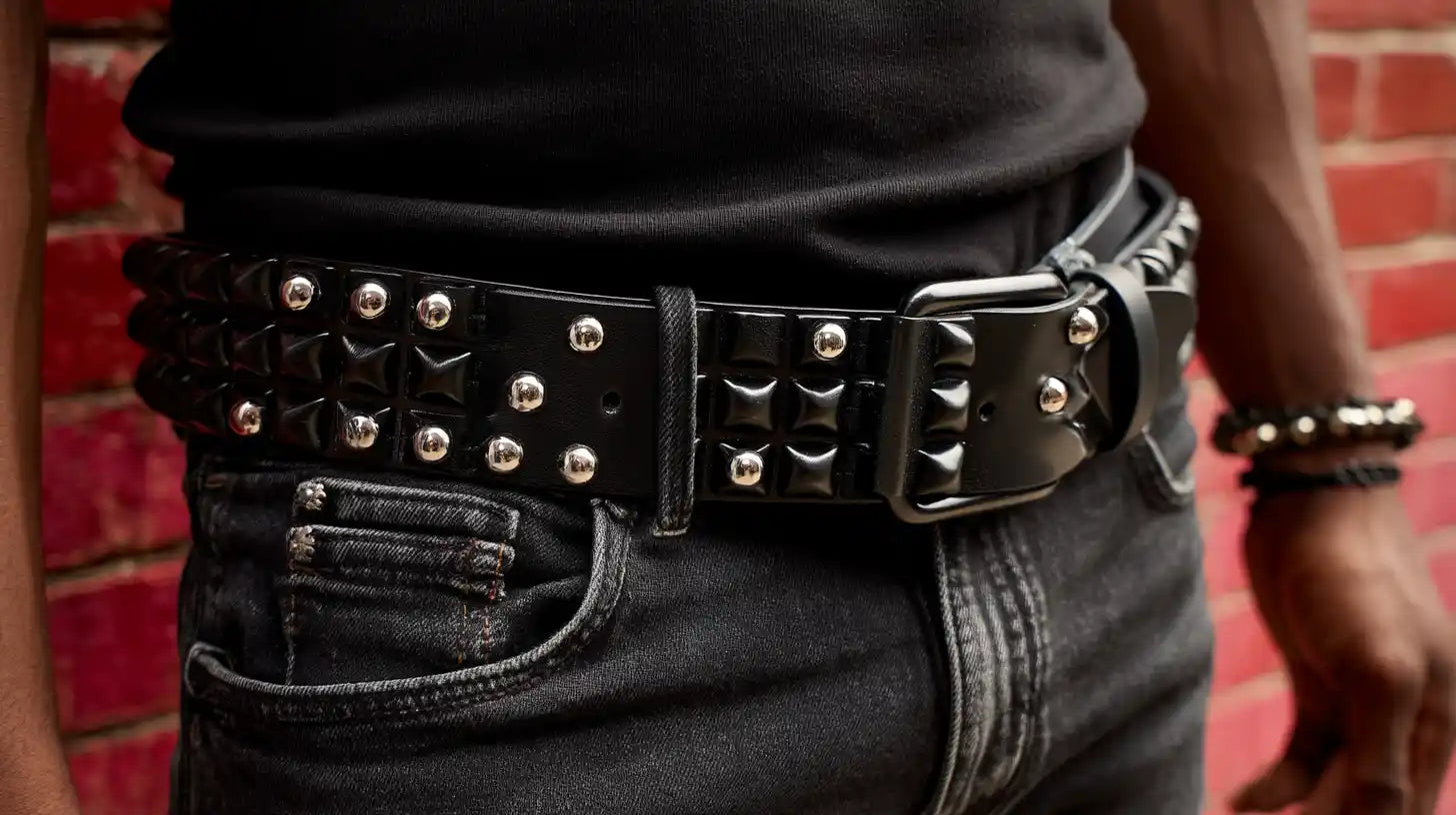 Black engraved studded streetwear belt styled with dark washed jeans.