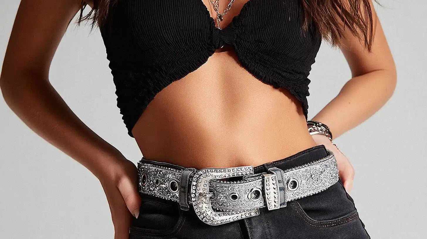Silver rhinestone streetwear belt with an oversized buckle worn with black denim.
