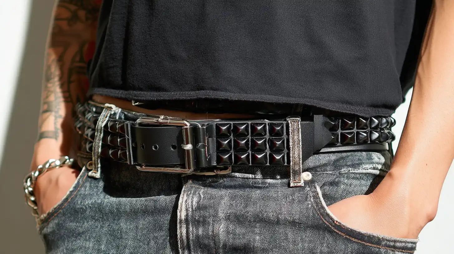 Black rhinestone streetwear belt with a silver western buckle paired with a dark outfit.