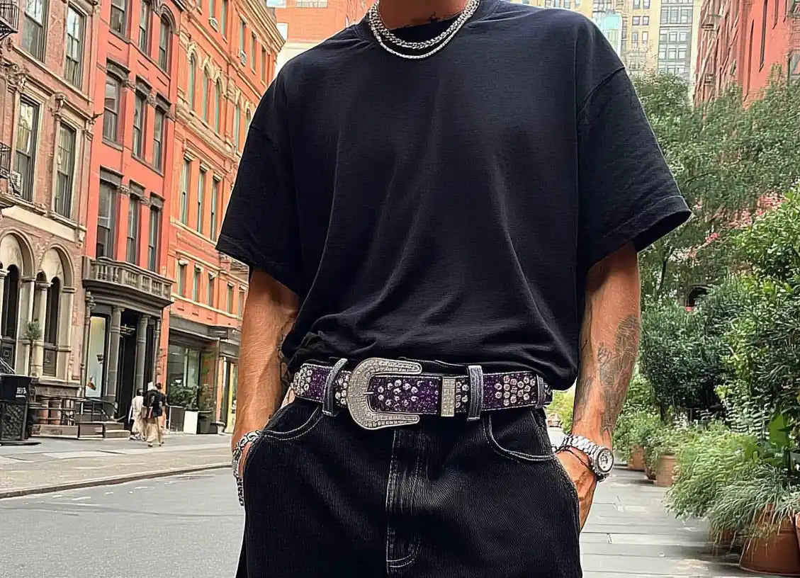 Black pyramid studded streetwear belt with a silver buckle styled with distressed denim.