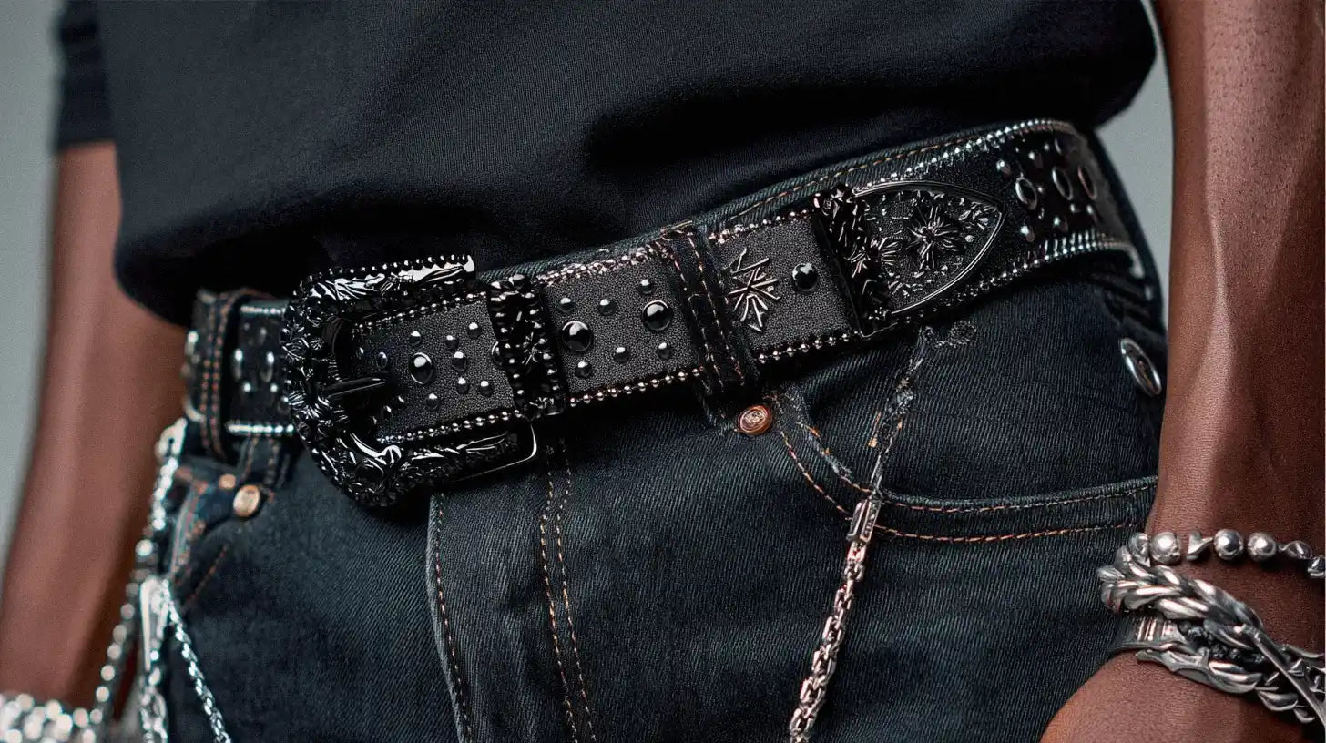 Black streetwear belt with metal studs and a wide buckle styled with faded denim.