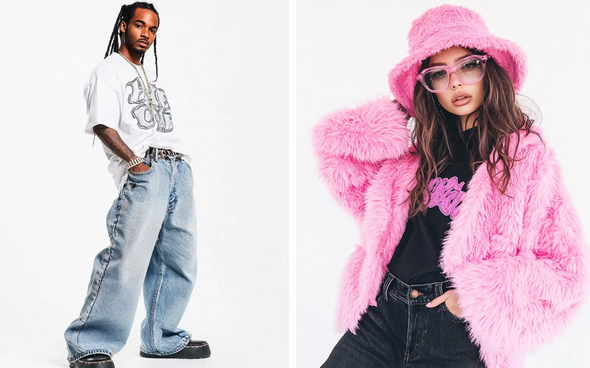 a black man in streetwear y2k outfit and a woman in y2k clothes