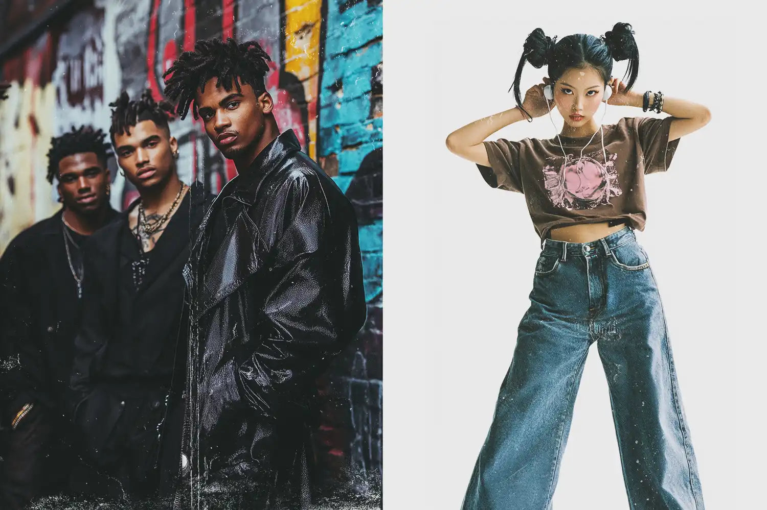 black men in black outfit and asian girl in y2k clothes
