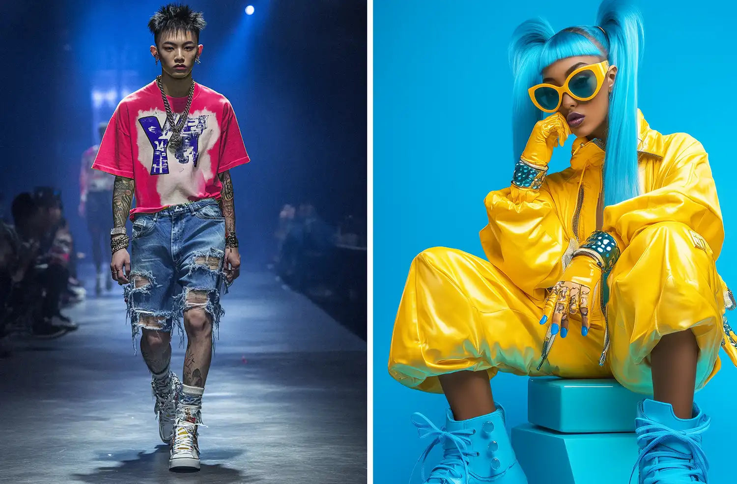 an asian man in a y2k fashion runway and a girl in futuristic y2k outfit