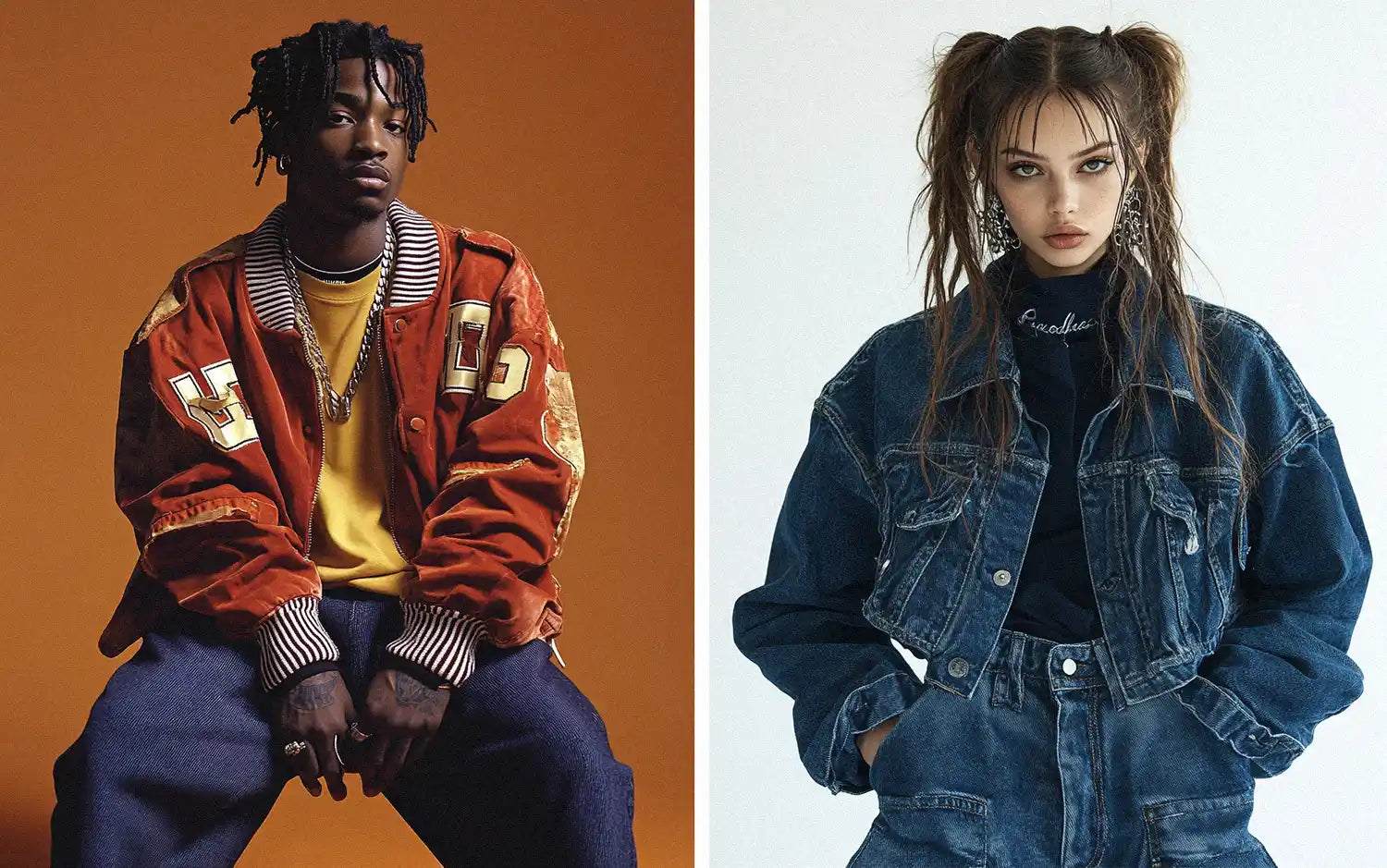 a black man and a girl in denim and y2k outfits