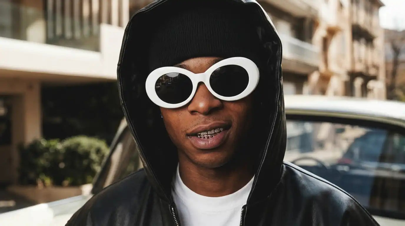 Black streetwear sunglasses styled with a dark urban outfit